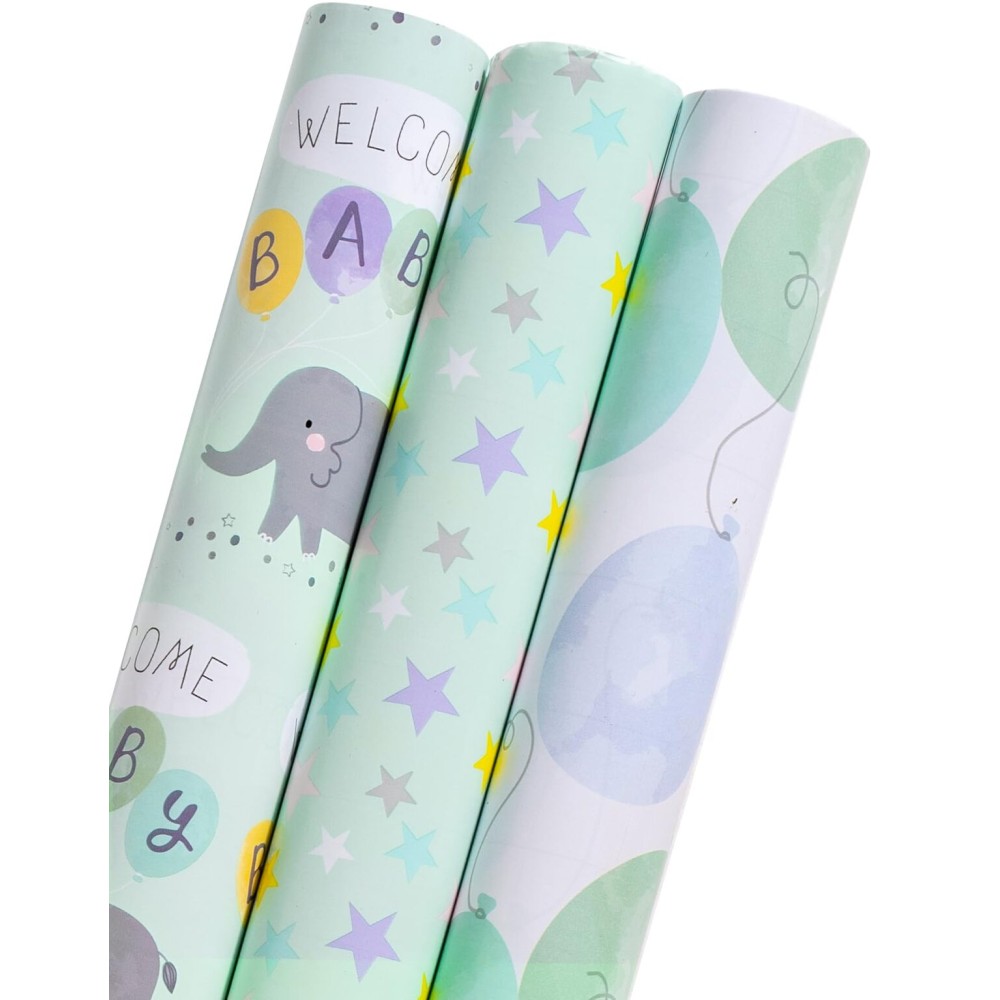 MAYPLUSS Baby Shower Wrapping Paper - 17 X 120 Per roll - Cute Little Boy Green Elephant Animal Design Birthday Joyful Celebration Gift Wrapping Paper for Baby Shower, Party, New Baby Birth