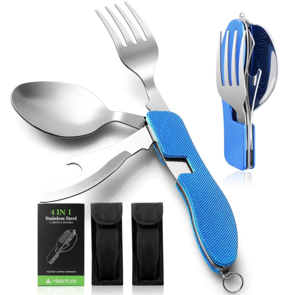 HIKENTURE Camping Utensils 2 Pack,4-in-1 Stainless Steel Spoon, Fork, Knife, and Bottle Opener Combo - Lightweight and Portable Travel Eating Silverware for Hiking, Backpacking, Boy Scout(Blue 2pack)