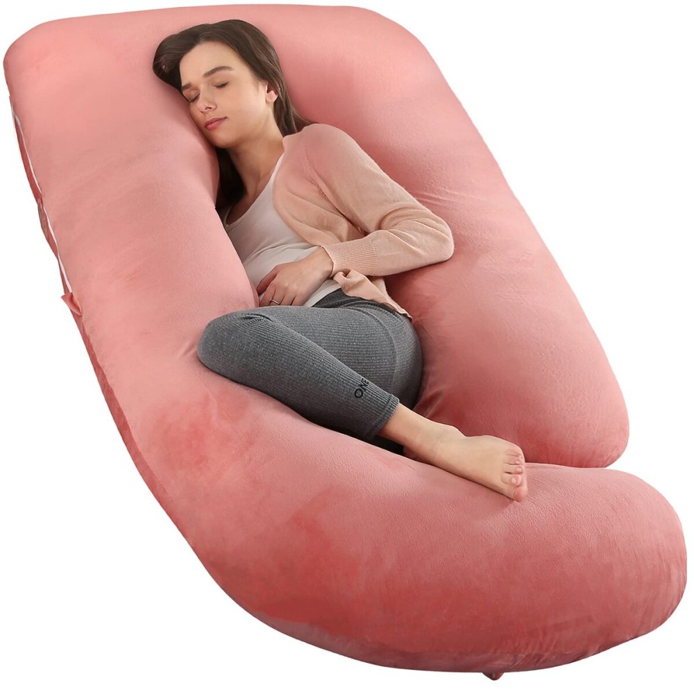Pregnancy Pillow,Full Body 57 Inch Maternity Pillow with Removable Washable Cover - Sleep Support for Legs, Back, Neck, Shoulder, HIPS, Belly for Pregnent Women,Pink Velvet Cover