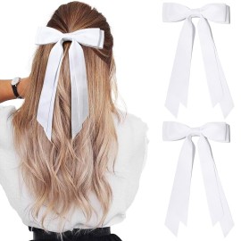 Aileam 2PCS Silky Satin Hair Bows Hair Clip White Hair Ribbon Ponytail Holder Accessories Slides Metal Clips Hair Bow for Women Girls Toddlers Teens Kids