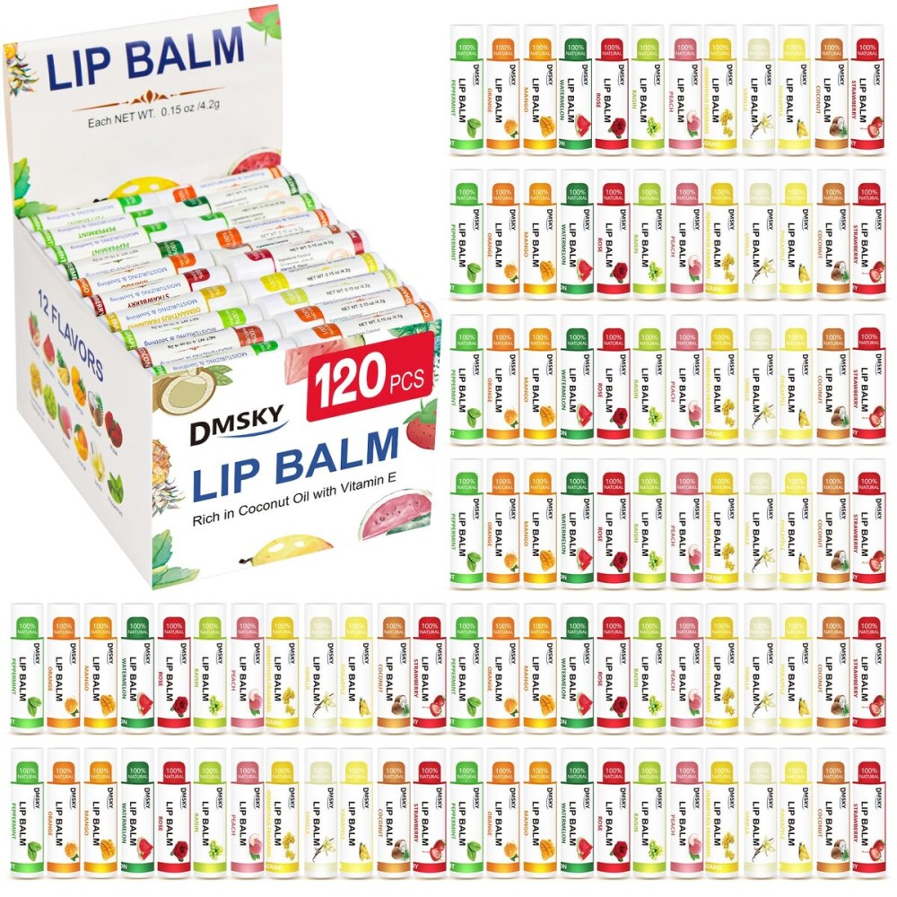 DMSKY 120 Pack Lip Balm, Natural Lip Balm Bulk with Vitamin E and Coconut Oil, Moisturizing Lip Balms for Chapped Lips-12 Flavors