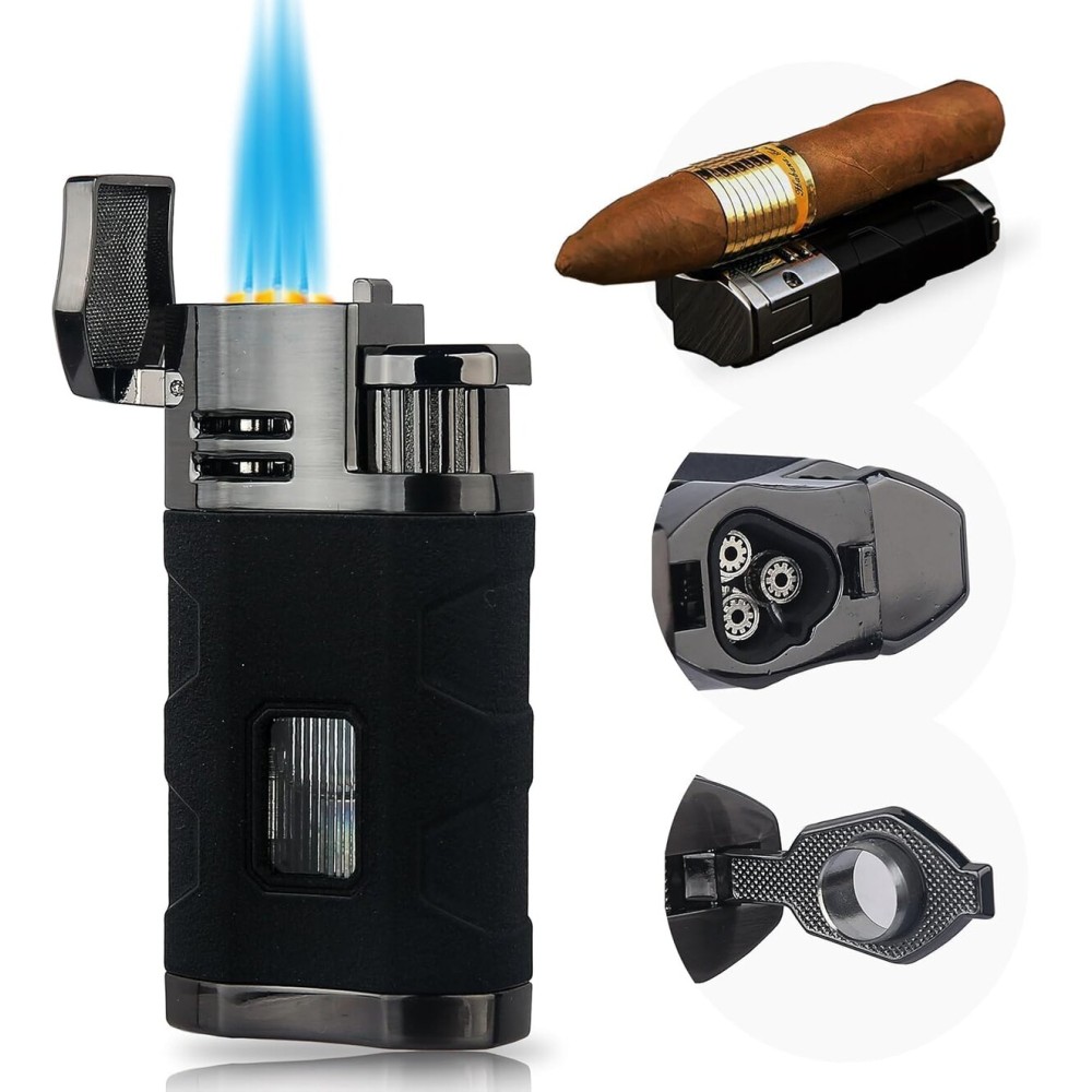 PROMISE Metal Lighter Triple Jet Flame Refillable Butane Lighter Windproof Lighters- Butane Not Included (Black Crackle)