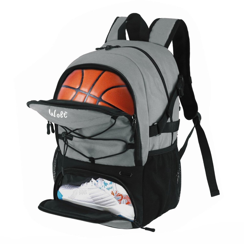 WOLT | Basketball Backpack Large Sports Bag with Separate Ball Holder & Shoes Compartment, Gifts for Basketball, Soccer, Volleyball, Swim, Gym, Travel (Light Grey)