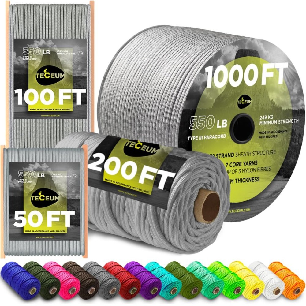 TECEUM Paracord Type III 550 Silver Grey - 200 ft - 4mm - Tactical Rope MIL-SPEC - Outdoor para Cord -Camping Hiking Fishing Gear and Equipment - EDC Parachute Cord - Strong Survival Rope 002