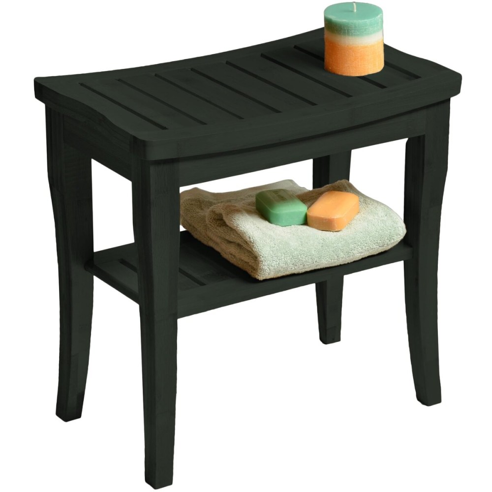 Bambsi Bamboo Shower Bench Spa Stool - Wood 2-Tier Seat, Foot Rest Shaving Stool with Non-Slip Feet + Storage Shelf - Seat or Organizer for Bathroom, Living Room, Bedroom and Garden Dcor (Black)