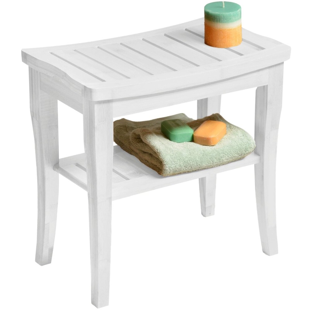Bambsi Bamboo Shower Bench Spa Stool - Wood 2-Tier Seat, Foot Rest Shaving Stool with Non-Slip Feet + Storage Shelf - Seat or Organizer for Bathroom, Living Room, Bedroom and Garden Dcor (White)