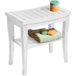Bambsi Bamboo Shower Bench Spa Stool - Wood 2-Tier Seat, Foot Rest Shaving Stool with Non-Slip Feet + Storage Shelf - Seat or Organizer for Bathroom, Living Room, Bedroom and Garden Dcor (White)