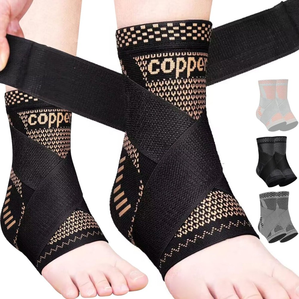JIUFENTIAN Copper Ankle Brace Adjustable Compression Sleeve (Pair)-Ankle Support Heel Brace for Achilles Tendonitis, Plantar Fasciitis-Eases Swelling and Sprained Ankle(Medium)