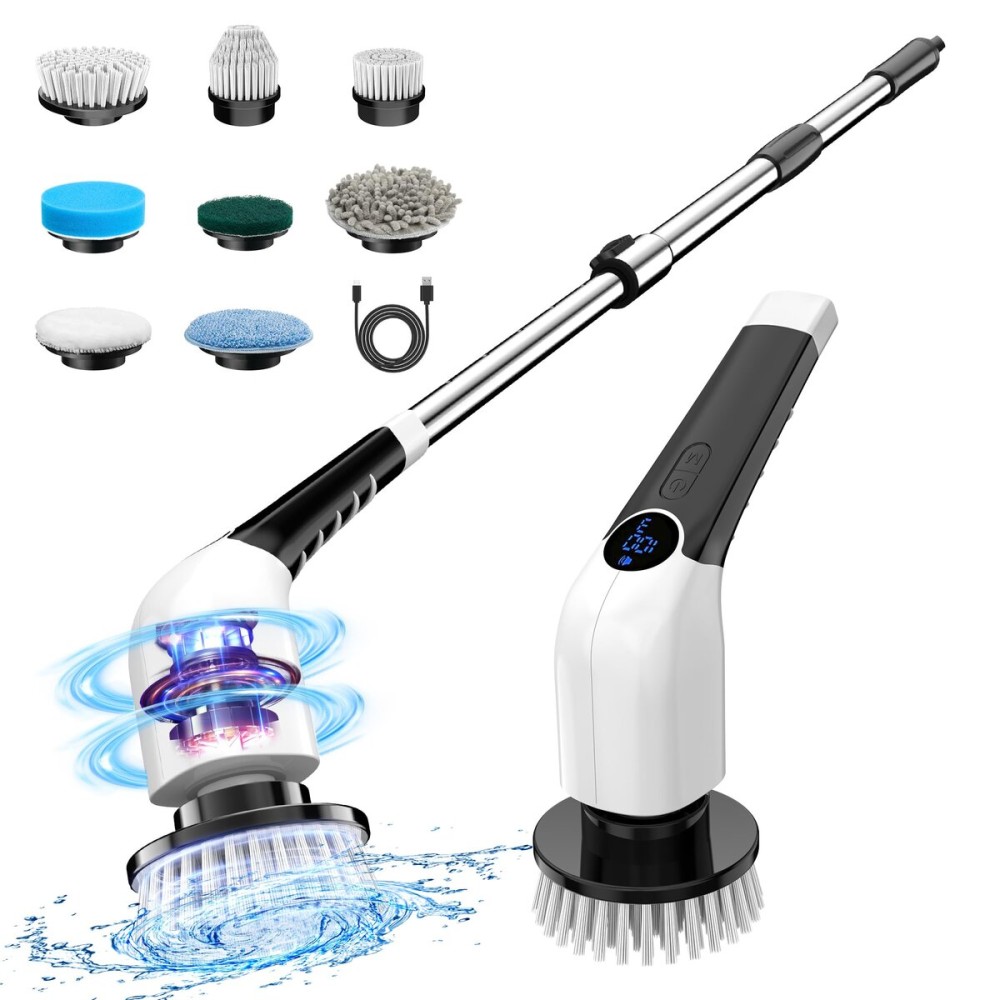 Keimi Electric Spin Scrubber, 2025 New Cordless Shower Cleaning Brush with 8 Replaceable Brush Heads, 3 Adjustable Speeds, and Adjustable Extension Handle for Bathroom Floor Tile
