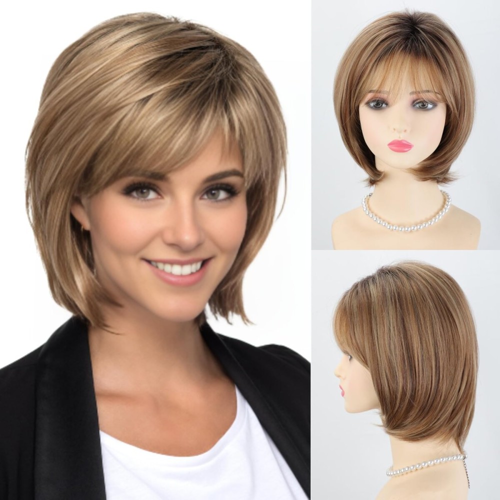 RENERSHOW Ombre Blonde Highlight Short Wigs for Women Mixed Blonde Layered Short Hair Wig with Bangs Cute Natural Synthetic Wig