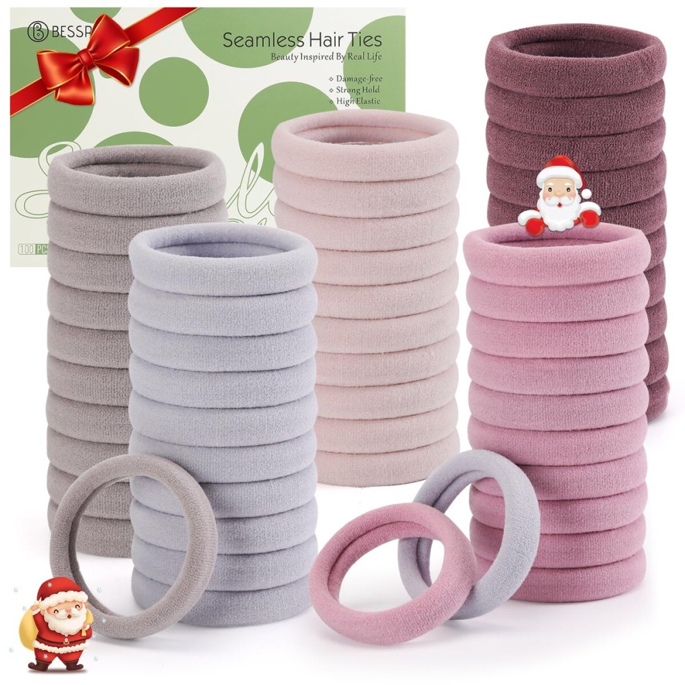 Bessrung 100 Pcs Thick Seamless Hair Ties, Ponytail Holders, Pink, No Damage for Thick Hair, Valentine\'s Day Christmas Gift