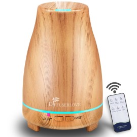 Diffuserlove Essential Oil Diffusers 200ML Diffuser Remote Control Aromatherapy Diffuser with 7 Color Lights, Auto Shut-Off for Bedroom Office Kitchen (Yellow Wood Grain)