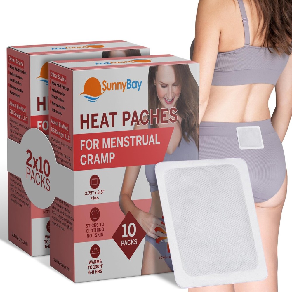 SunnyBay Heat Patches for Menstrual Cramp, Air-Activated Adhesive Heat Pads for Period, 130 F Warmth up to 8 Hours, Stick to Clothing Not Skin, 2.75 x3.5 inches, 10-Count, Pack of 2