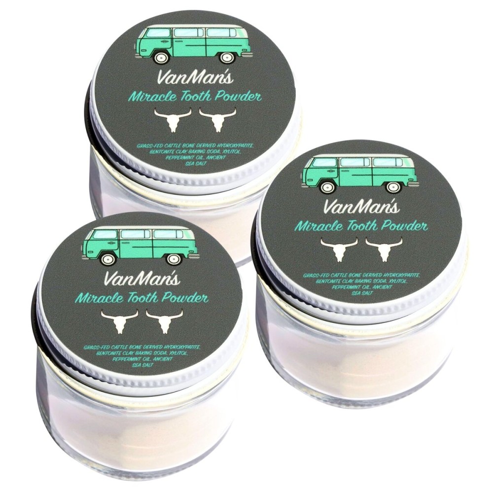 Vanmans - Mint and Bone Tooth Powder Toothpaste (3 Pack) - Remineralizing Tooth Powder with Cattle Bone Derived Hydroxyapatite, Bentonite Clay, Peppermint Oil and Baking Soda - 2.2 oz