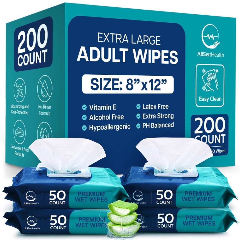 Body Wipes for Adults Bathing No Rinse - Adult Wipes for Elderly 8 x 12 (200 count) Shower No Rinse, Incontinence Disposable Washcloths, Aloe Vera, Vitamin E + 4 individual Packs