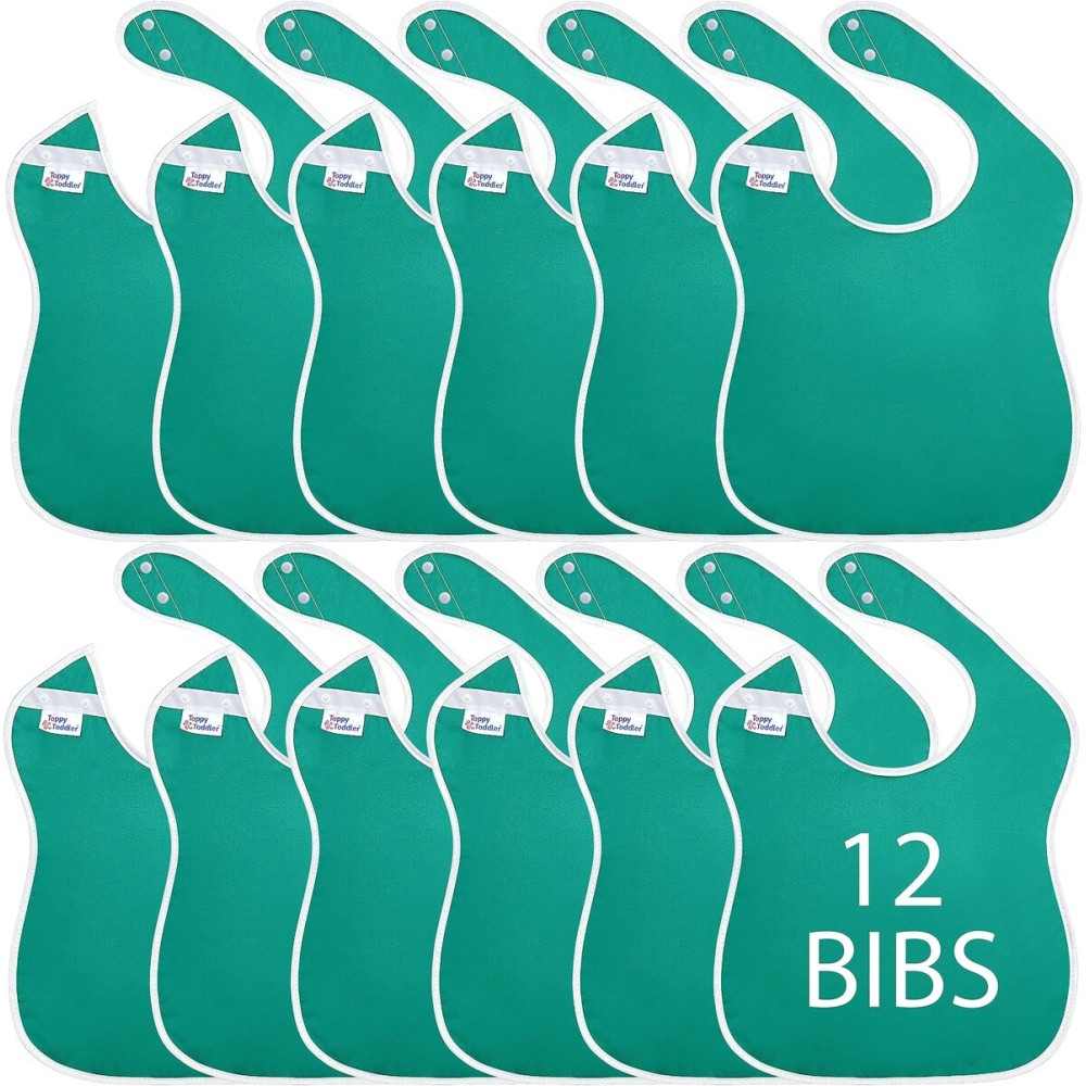 Toppy Toddler - 12 pcs Fall Green Large Waterproof Baby Bibs for 1-4 years old - Lightweight, Soft & Durable Fabric Bibs with Snap Buttons for Girls and Boys, Dryer safe and Easy to Clean