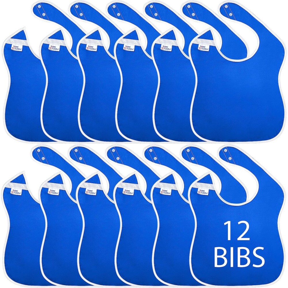Toppy Toddler - 12 pcs Royal Blue Large Waterproof Baby Bibs for 1-4 years old - Lightweight, Soft & Durable Fabric Bibs with Snap Buttons for Girls and Boys, Dryer safe and Easy to Clean