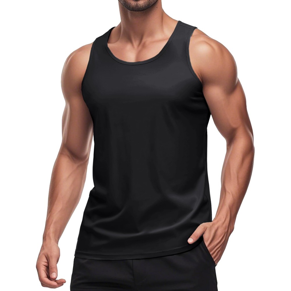 MAGCOMSEN Men\'s UPF 50+ Tank Top Quick Dry Summer Workout Muscle Sleeveless Shirts for Swim Beach Bodybuilding Black M