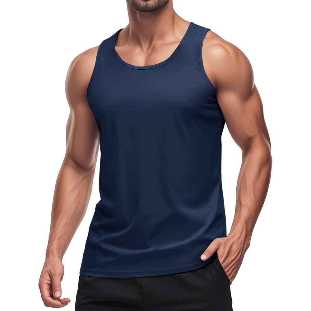 MAGCOMSEN Men\'s UPF 50+ Tank Top Quick Dry Summer Workout Muscle Sleeveless Shirts for Swim Beach Bodybuilding Navy L