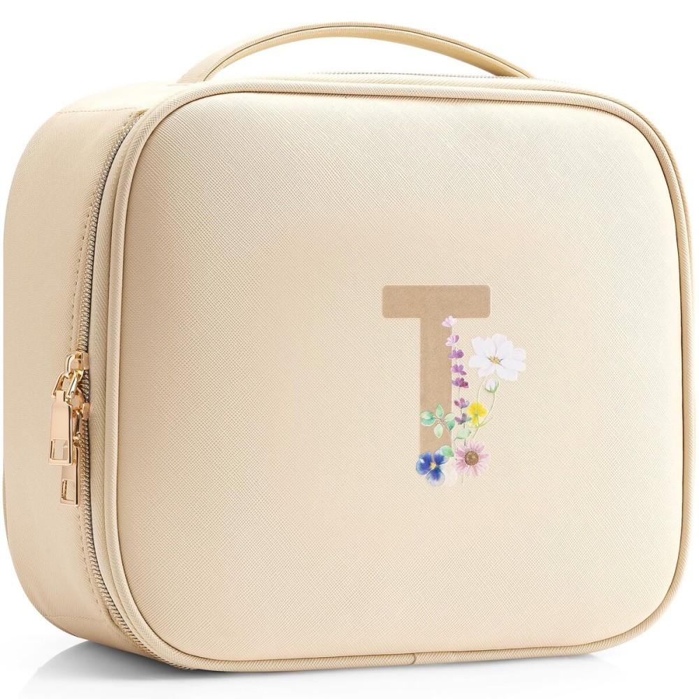 Vlando Mother Day Gift,Initial A-Z Makeup Travel Bag, Personalized Gifts for Friendship Bridesmaid Thank You TeacherLetter T