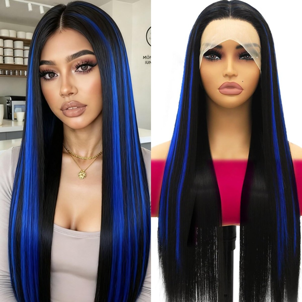 ANDRIA 13x4 HD Lace Front Wigs Blue Highlight on Black Hair Long Straight Synthetic Wig Pre-plucked Glueless Lace Wigs Heat Resistant Fiber Blue Colorful Wig With Baby Hair For Black Women 24 Inches