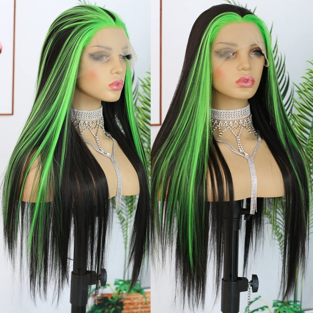ANDRIA Straight Glueless Lace Wigs Synthetic Long Silk Straight Natural Wig Heat Resistant Fiber Black and Green Skunk Stripe Colorful Wig With Baby Hair For Black Women 24 Inches