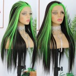 ANDRIA Straight Glueless Lace Wigs Synthetic Long Silk Straight Natural Wig Heat Resistant Fiber Black and Green Skunk Stripe Colorful Wig With Baby Hair For Black Women 24 Inches