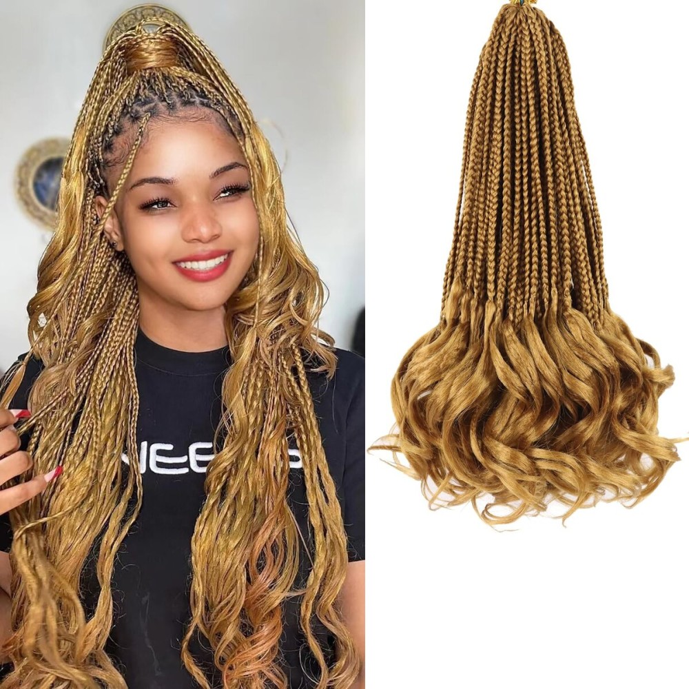 French Curl Braiding Hair Color 27 Goddess Box Braids Pre Looped Crochet Box Braids 14 Inch French Curl Crochet Braids with Curly Ends Wavy Curly Braiding Hair Extensions (7 Packs)