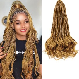 French Curl Braiding Hair Color 27 Goddess Box Braids Pre Looped Crochet Box Braids 14 Inch French Curl Crochet Braids with Curly Ends Wavy Curly Braiding Hair Extensions (7 Packs)