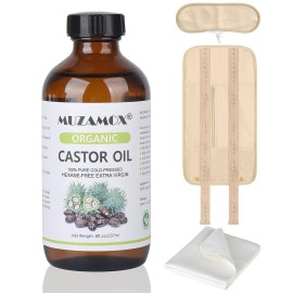 MUZAMOX Castor Oil Pack Wrap & 8fl.oz Glass Bottle Set, Organic Cold-Pressed Unrefined Castor Oil Included