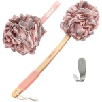 Toem Loofah Back Scrubber for Shower | Bamboo Charcoal Fiber Infused | Loufas for Men & Women | Includes 1 Long Handled Shower Sponge, 1 Bath & Shower Luffa Pouf & 1 Hook to Hang Stuff (Rose Pink)