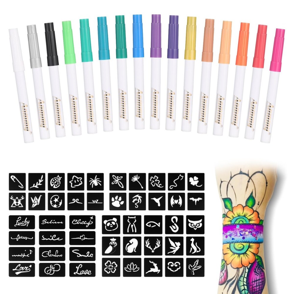 Anmmy Temporary Tattoo Metallic Markers for Skin,16-Count Body Markers+77 Large Tattoo Stencils of Assorted Colors for kids and Adults,Flexible Brush Tip, Bright colors, Skin-Safe*,Cosmetic-Grade.