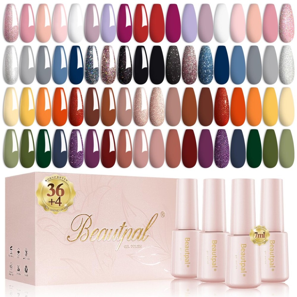 Beautpal 40 PCS Gel Nail Polish Set All Seasons Collection 36 Colors Gel Polish 7ml Popular Nude Pink Red Blue Glitter Nail Polish Starter Kit Soak off Nail Art DIY
