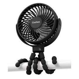 Coohea Stroller Fan Clip on for Baby, 4000mAh Rechargeable Battery Operated, Flexible Tripod, 3 Wind Speed, 360 Rotatable, Small Cooling Portable Fan for Car Seat Crib Golf Cart Bike Treadmill, Black
