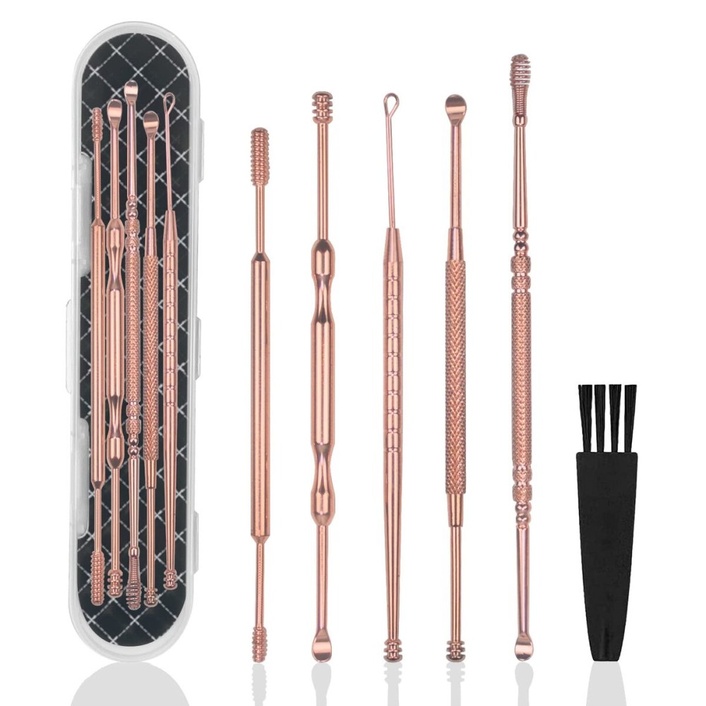 Hion 6 Pcs Ear Wax Removal Kit,Professional Double-Headed Ear Pick Earwax Removal Tools,316L Stainless Steel Ear Cleaner Curette with Cleaning Brush and Storage Box,Suit for Kid Adult(Rose Gold)