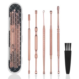 Hion 6 Pcs Ear Wax Removal Kit,Professional Double-Headed Ear Pick Earwax Removal Tools,316L Stainless Steel Ear Cleaner Curette with Cleaning Brush and Storage Box,Suit for Kid Adult(Rose Gold)