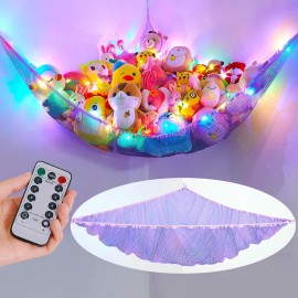 Unicorn Castle Stuffed Animals Net Hammock Kids Toy Storage with LED Light Plush Toy Organizer Corner Hanging Stuffed Animals Holder For Nursery Kids Girls Room Decor