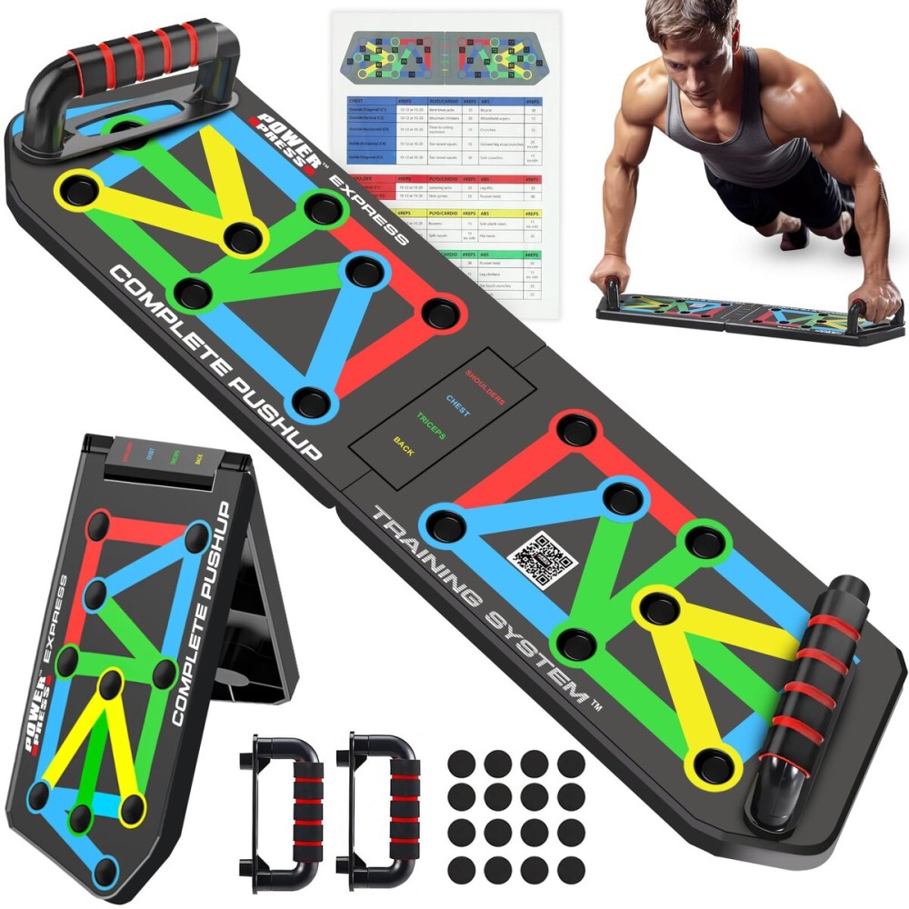 POWER PRESS Express Push Up Board - Foldable Push Up Board for Men and Women, Push Up Handles with 30+ Color Coded Combo Positions for Exercise - At Home Workout Equipment Men, Pushup Board, Original