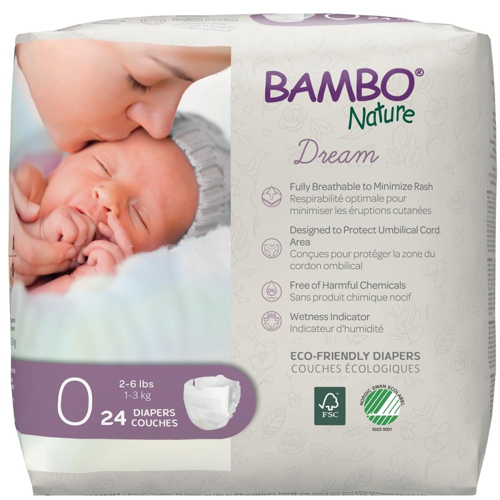 Bambo Nature Hypoallergenic Dream Baby Diapers, Premium Eco-Labeled Sustainable Diapers, Enhanced Leakage Protection, Totally Chlorine-Free, Skin Friendly, and Super Absorbent - Size 0 (24 Count)