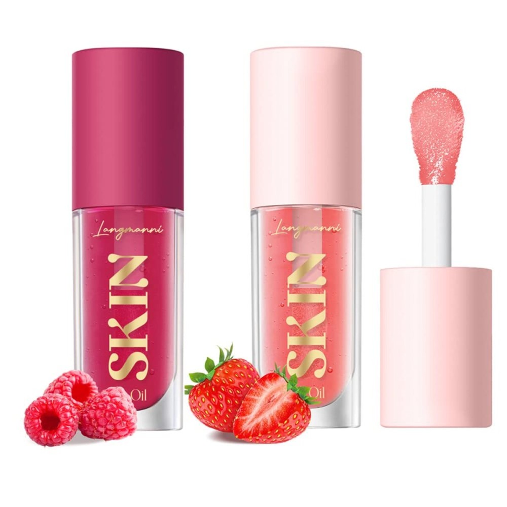 2Pack Big Brush Head Hydrating Lip Glow Oil Plumping Lip Tint, Hydrating Lip Gloss Tinted Lip Balm Transparent Lip Care, Long Lasting Nourishing Non-sticky Fresh Texture (Strawberry + Raspberry)