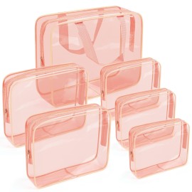 APREUTY Clear Makeup Bags, TSA Approved 6 Pcs Cosmetic Makeup Bags Set Clear PVC with Zipper Handle Portable Travel Luggage Pouch Airport Airline Vacation Organization (Peach)