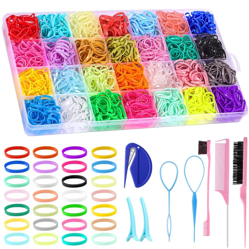 28 Colors Rubber Bands with 8 Hair Styling Tools, 1500 Pcs Colorful Elastic Ties Small Rubber Bands Baby Toddler Ties for Girls Hair Accessories Christmas Gifts