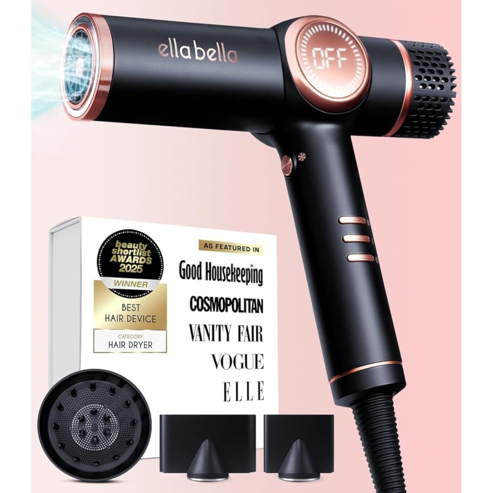 ELLA BELLA Professional Ionic Hair Dryer with Diffuser  Negative Ion Blow Dryer  Suitable All Hair Types  Intelligent Heat Control & Rapid Drying Speeds  Lightweight Design  Low Noise Technology