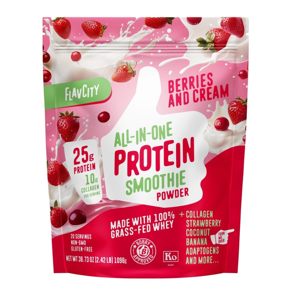 FlavCity Grass Fed Whey Protein Powder - Berries & Cream - 25g Protein & 10g Collagen - Made with Organic Strawberries & Coconut Milk - Gluten Free & No Added Sugars (20 Servings)