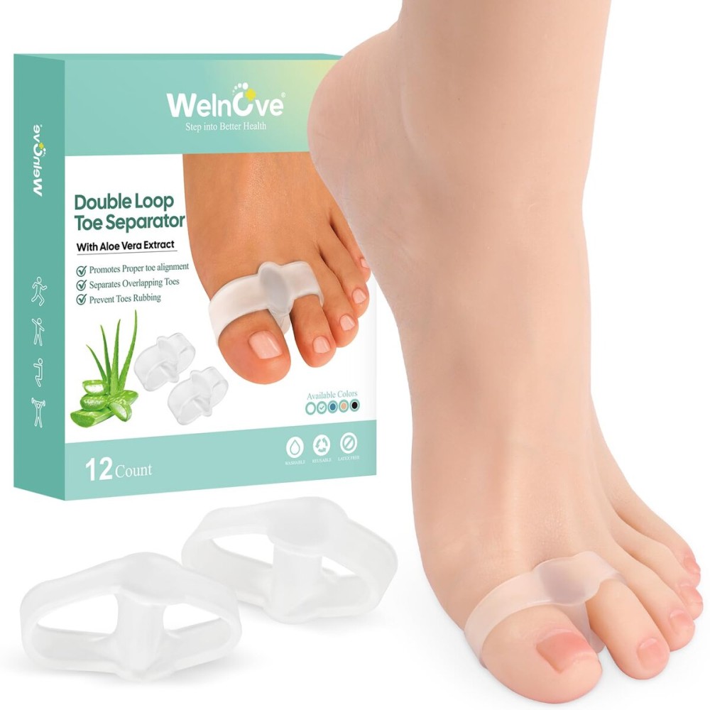 Welnove Pack of 12 Bunion Corrector, Toe Separators with 2 Loops, Big Toe Spacer Suitable for Bunion and Overlap Toe, Infused Aloe Vera Extract (Clear)