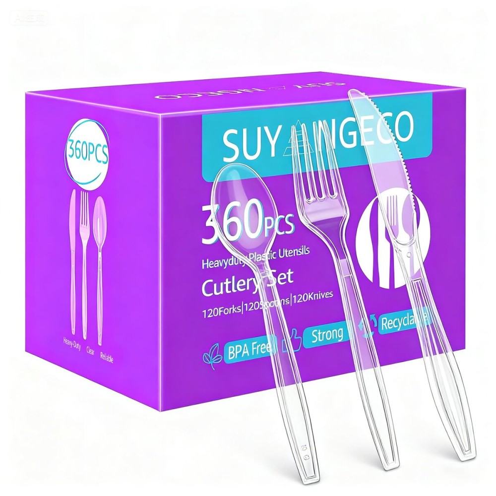 360 Count Clear Plastic Forks Spoons Knives Bulk Heavy Duty Plastic Silverware Disposable Cutlery Set Thick Durable Party Utensils for Dinner,Daily Use,Picnic