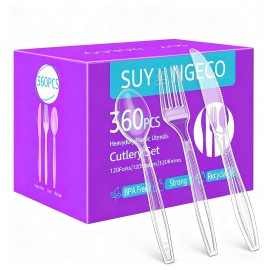 360 Count Clear Plastic Forks Spoons Knives Bulk Heavy Duty Plastic Silverware Disposable Cutlery Set Thick Durable Party Utensils for Dinner,Daily Use,Picnic