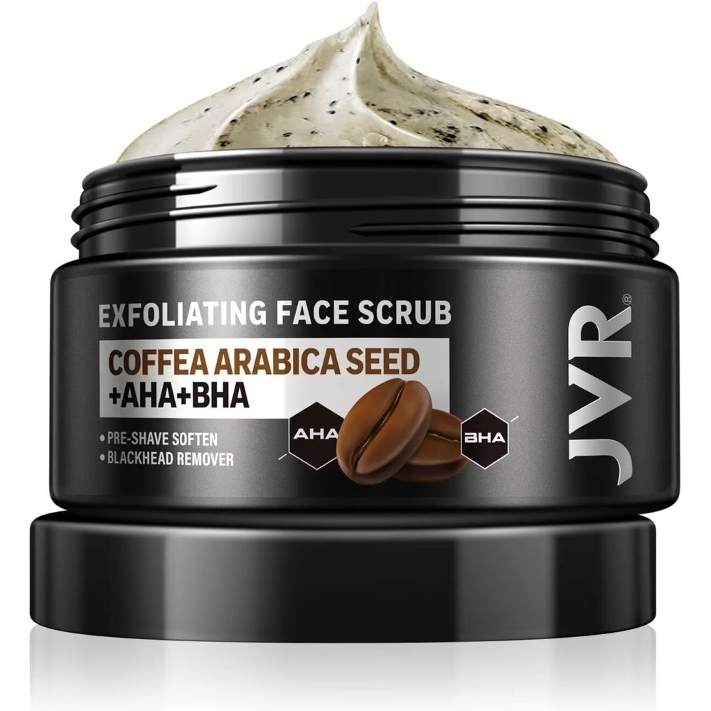 JVR Face Scrub for Men, Facial Scrub for Deep Exfoliating, Cleansing, Removing Blackheads, Ingrown Hair, Pre-shave Soften, Organic Formulated with Coffee Extract, AHA and BHA Face Exfoliator (4.23 oz)
