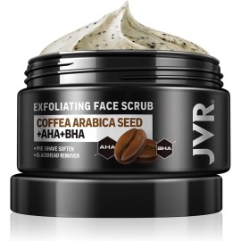 JVR Face Scrub for Men, Facial Scrub for Deep Exfoliating, Cleansing, Removing Blackheads, Ingrown Hair, Pre-shave Soften, Organic Formulated with Coffee Extract, AHA and BHA Face Exfoliator (4.23 oz)