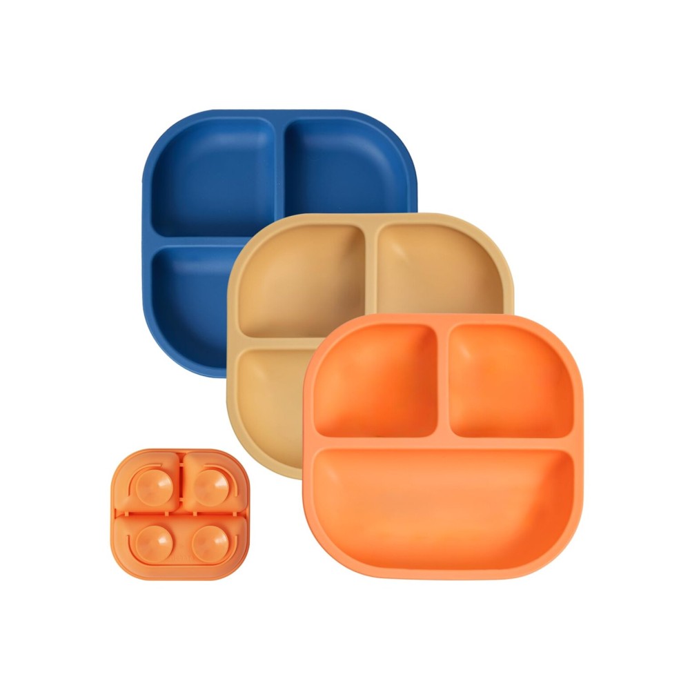 BABELIO Powerful Suction Plates for Baby and Toddler, 100% Food Grand Silicone, Divided, BPA Free, Microwave & Dishwasher Safe, Stay Put, 3 Pack